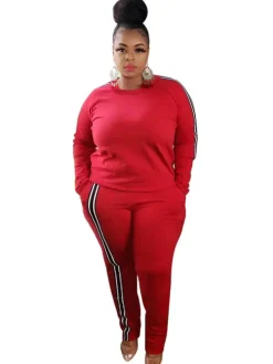 Plus Size Two Piece Stripe Long Sleeve Top Pants Set