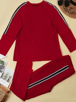 Plus Size Two Piece Stripe Long Sleeve Top Pants Set