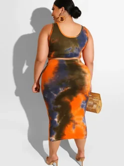 Plus Size Two Piece Tank Top Midi Skirt Set