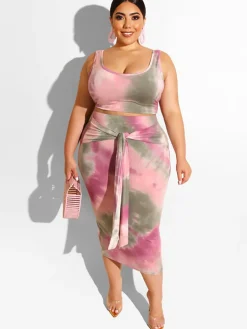 Plus Size Two Piece Tank Top Midi Skirt Set