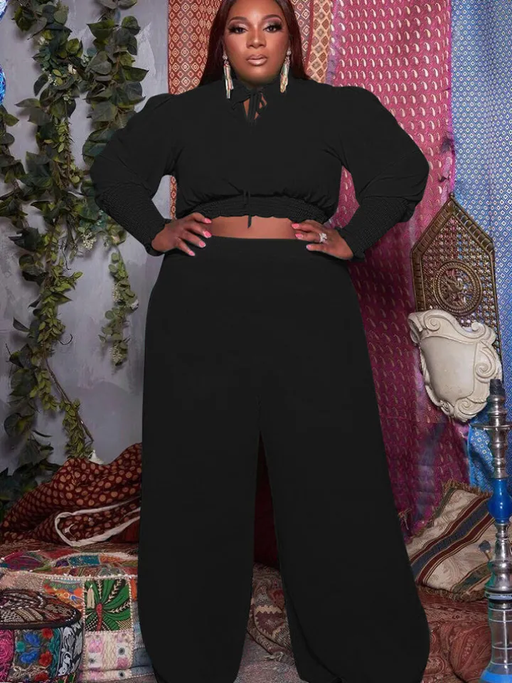 Plus Size Two Piece V Neck Crop Top Ruffle Wide Leg Pants