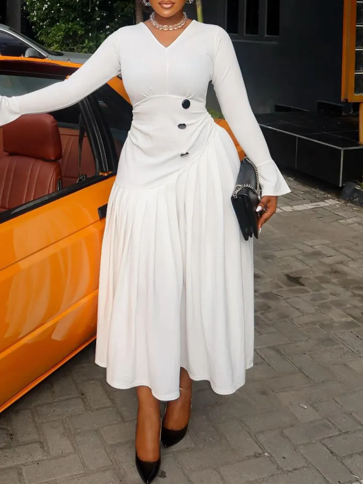 Plus Size V Neck Button Waist Maxi Dress