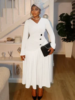 Plus Size V Neck Button Waist Maxi Dress