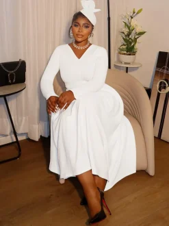 Plus Size V Neck Button Waist Maxi Dress