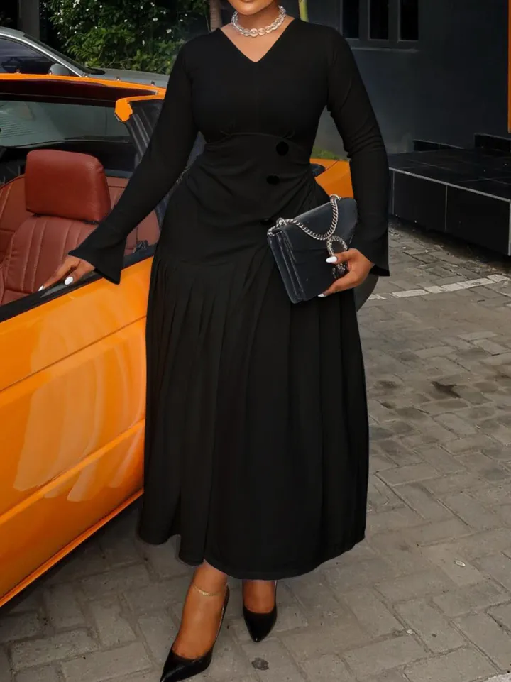 Plus Size V Neck Button Waist Maxi Dress