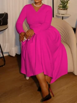 Plus Size V Neck Button Waist Maxi Dress