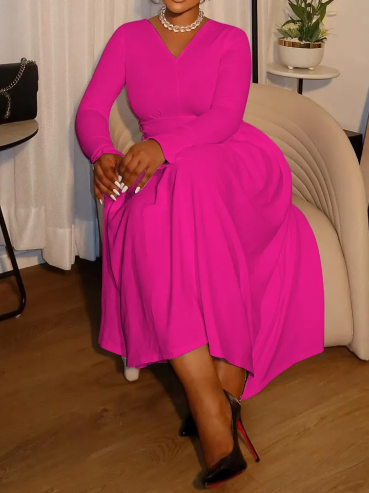 Plus Size V Neck Button Waist Maxi Dress