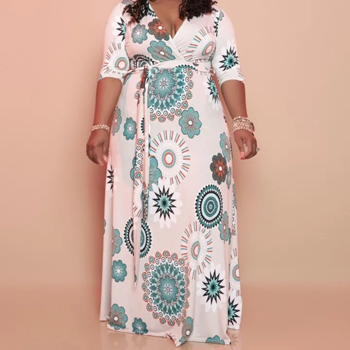 Plus Size V Neck Floral Printed Maxi Dress