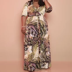 Plus Size V Neck Floral Printed Maxi Dress