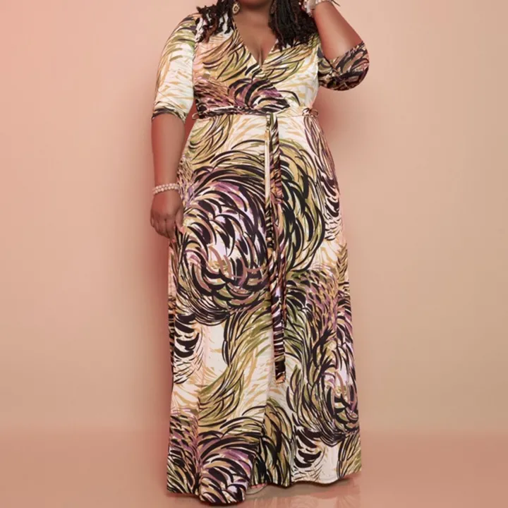 Plus Size V Neck Floral Printed Maxi Dress