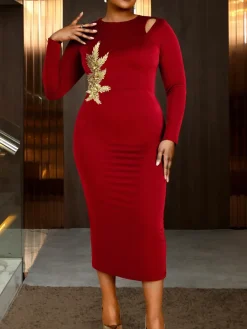 Plus Size Velvet Embroidered Midi Dress