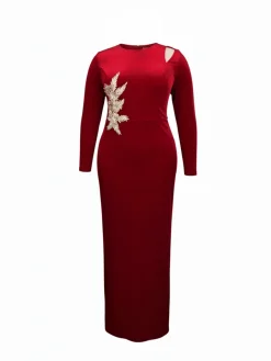 Plus Size Velvet Embroidered Midi Dress