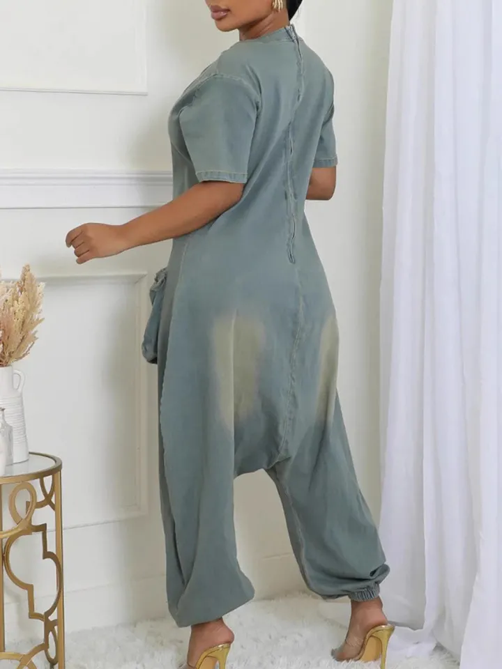 Pockets Bagged Denim Jumpsuit