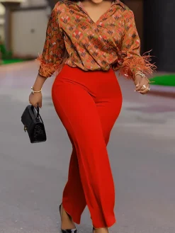 Printed Long Sleeve Shirt u0026 Wide-Leg Pants