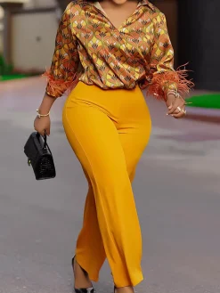 Printed Long Sleeve Shirt u0026 Wide-Leg Pants