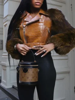 PU Leather Patchwork Moto Jacket