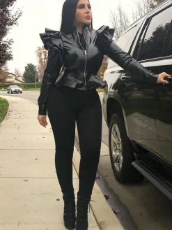 PU Leather Ruffle Long Sleeves Jacket