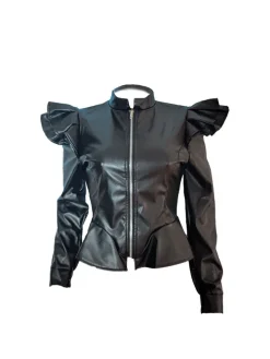 PU Leather Ruffle Long Sleeves Jacket
