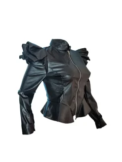 PU Leather Ruffle Long Sleeves Jacket
