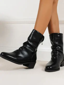 PU Leather Solid Color Ruched Anklet Boots