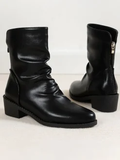 PU Leather Solid Color Ruched Anklet Boots