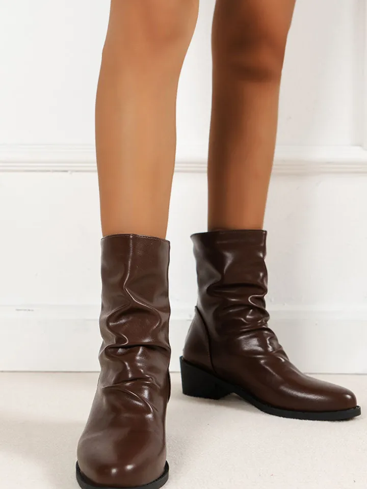 PU Leather Solid Color Ruched Anklet Boots