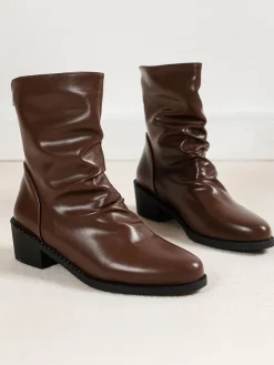 PU Leather Solid Color Ruched Anklet Boots