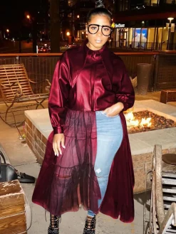 PU Mesh Patchwork Long Sleeve V Neck Top