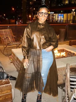 PU Mesh Patchwork Long Sleeve V Neck Top