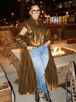 PU Mesh Patchwork Long Sleeve V Neck Top