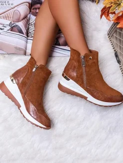 PU Patchwork Side Zipper Ankle Bootsies