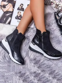 PU Patchwork Side Zipper Ankle Bootsies