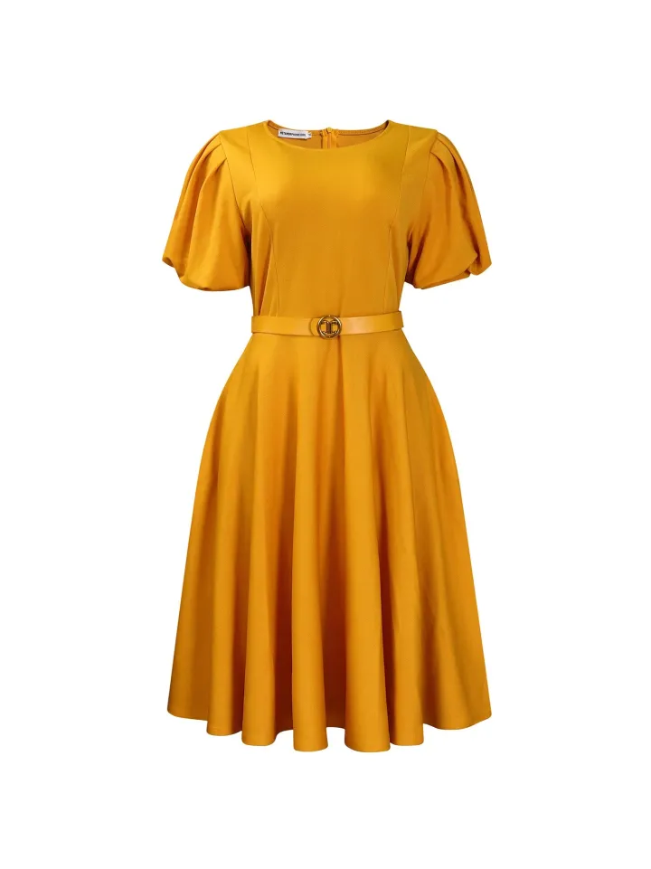 Puff Sleeve Belted A-Line Midi Dress