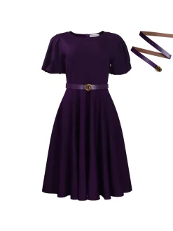 Puff Sleeve Belted A-Line Midi Dress