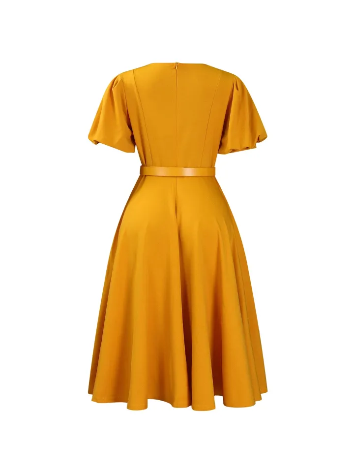 Puff Sleeve Belted A-Line Midi Dress