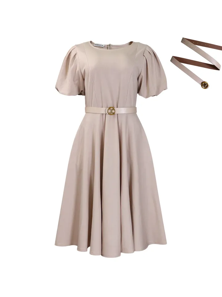 Puff Sleeve Belted A-Line Midi Dress