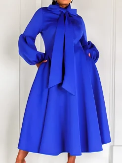 Puff Sleeve Bow-Tie Neck Flared Midi Dress