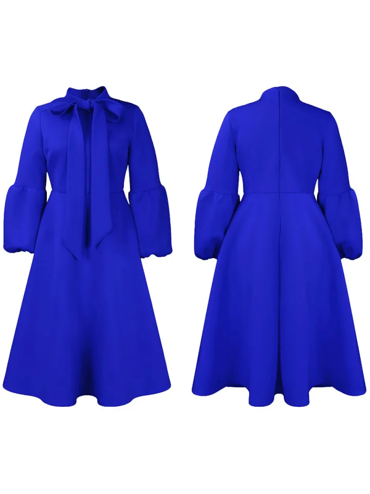 Puff Sleeve Bow-Tie Neck Flared Midi Dress