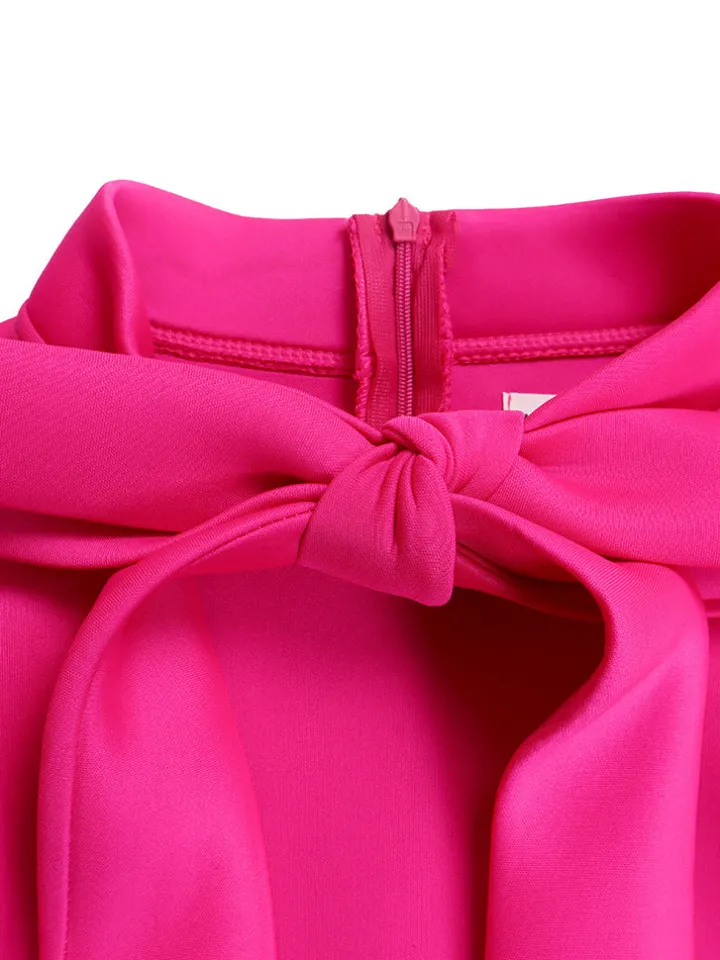 Puff Sleeve Bow-Tie Neck Flared Midi Dress