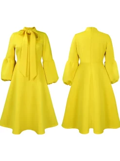 Puff Sleeve Bow-Tie Neck Flared Midi Dress