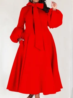 Puff Sleeve Bow-Tie Neck Flared Midi Dress
