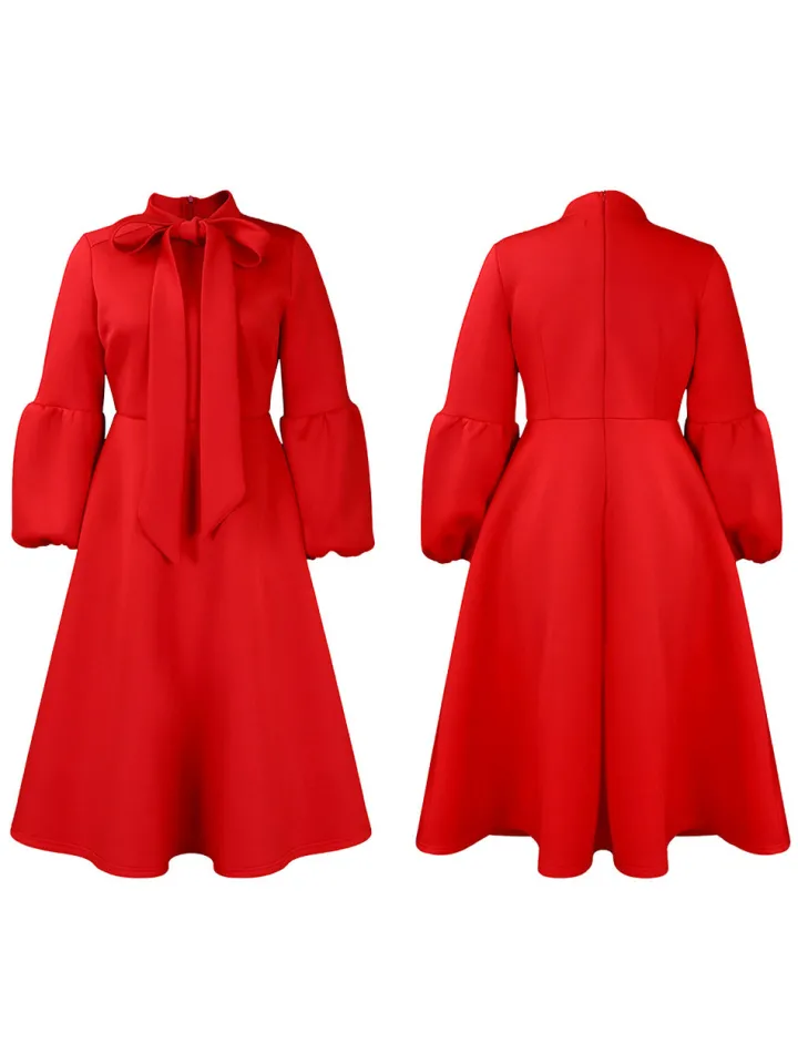 Puff Sleeve Bow-Tie Neck Flared Midi Dress