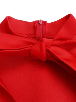 Puff Sleeve Bow-Tie Neck Flared Midi Dress