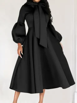 Puff Sleeve Bow-Tie Neck Flared Midi Dress