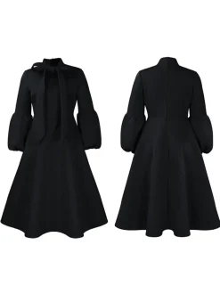 Puff Sleeve Bow-Tie Neck Flared Midi Dress