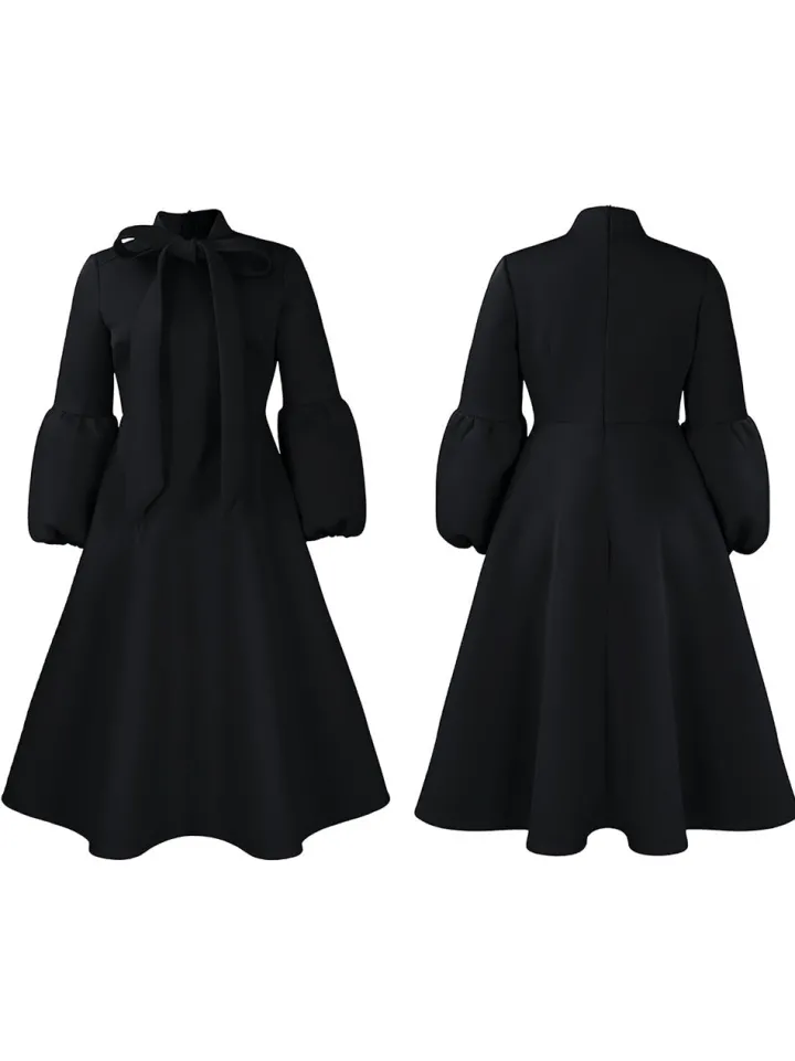 Puff Sleeve Bow-Tie Neck Flared Midi Dress
