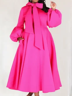 Puff Sleeve Bow-Tie Neck Flared Midi Dress