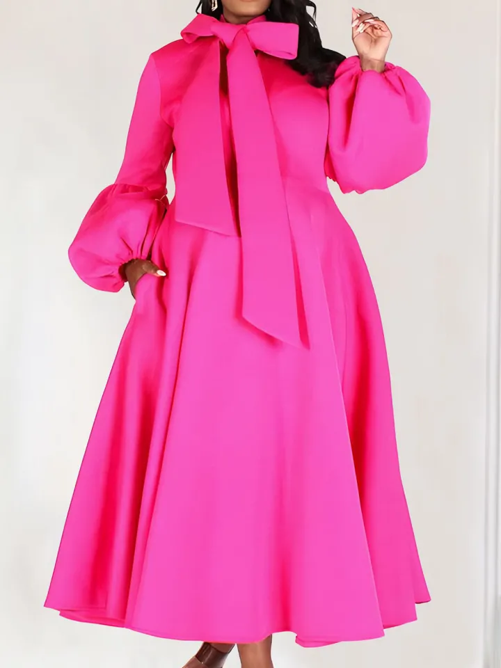Puff Sleeve Bow-Tie Neck Flared Midi Dress