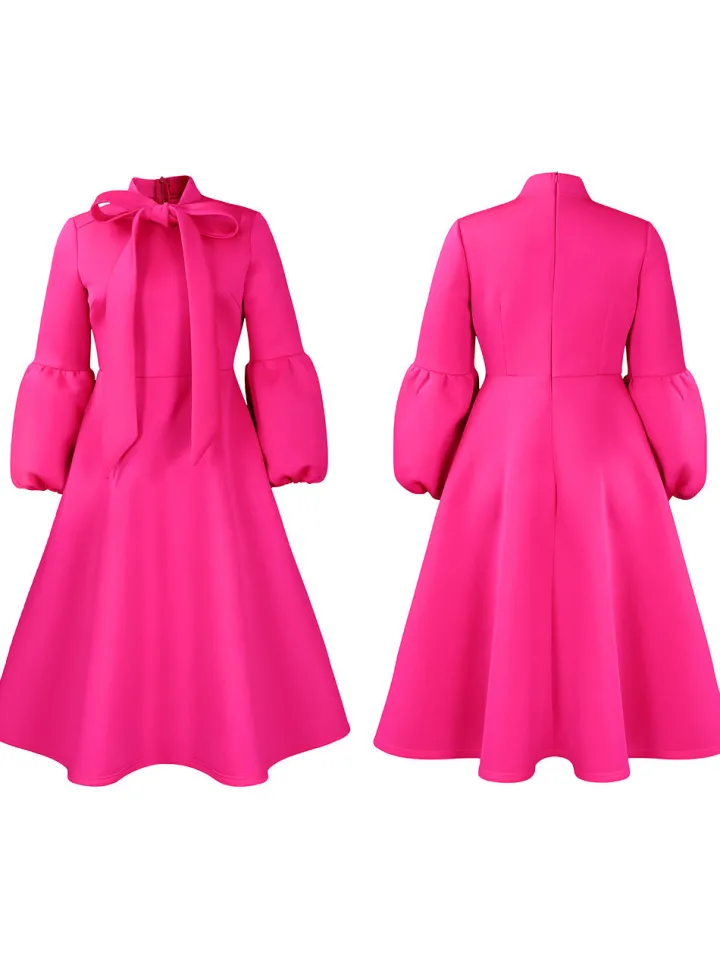 Puff Sleeve Bow-Tie Neck Flared Midi Dress