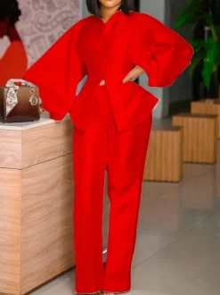 Puff Sleeve Slit Top Pants Set